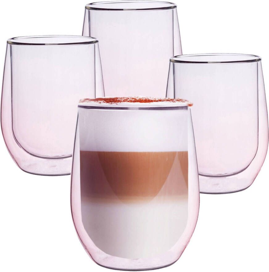 Altom Design Roze Dubbelwandige Koffieglazen Dubbelwandige Theeglazen Cappuccino Glazen 300ml Set Van 2