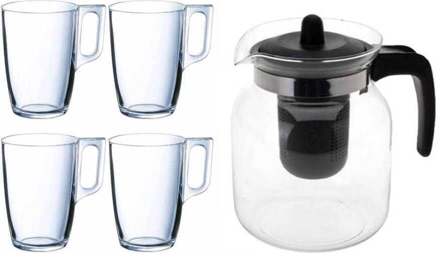 Arcoroc Glazen Theepot Zwart Met Filter Van 1, 5 Liter Met 8x Stuks Theeglazen Van 320 Ml Theepotten