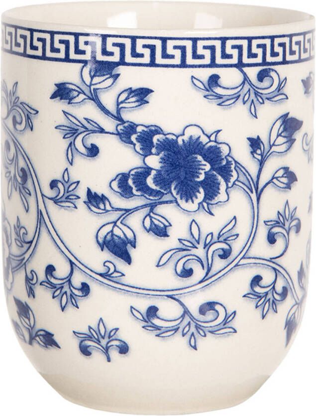 Clayre & Eef Mok 100 Ml Beige Blauw Porselein Rond Theemok Koffiemok Beker Blauw Theemok Koffiemok