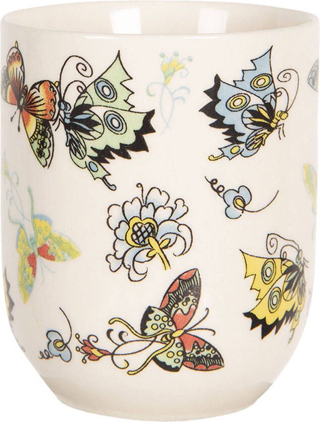 Clayre & Eef Mok 100 Ml Beige Geel Porselein Rond Vlinders Theemok Koffiemok Beker Beige Theemok Koffiemok