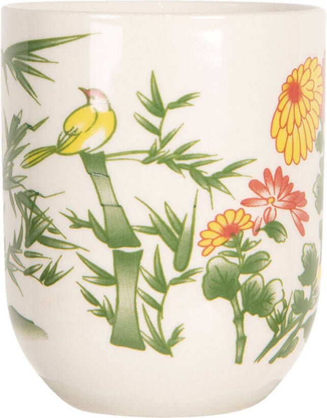 Clayre & Eef Mok 100 Ml Beige Groen Porselein Rond Bloemen Theemok Koffiemok Beker Beige Theemok Koffiemok