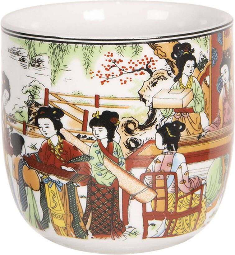 Clayre & Eef Mok 100 Ml Beige Rood Porselein Theemok Koffiemok Beker Beige Theemok Koffiemok