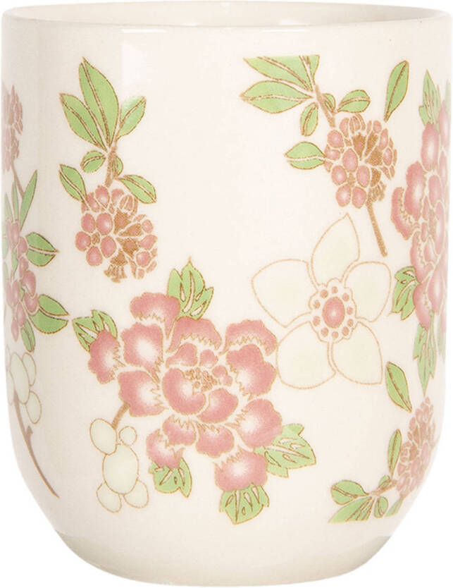 Clayre & Eef Mok 100 Ml Beige Roze Porselein Rond Bloemen Theemok Koffiemok Beker Beige Theemok Koffiemok