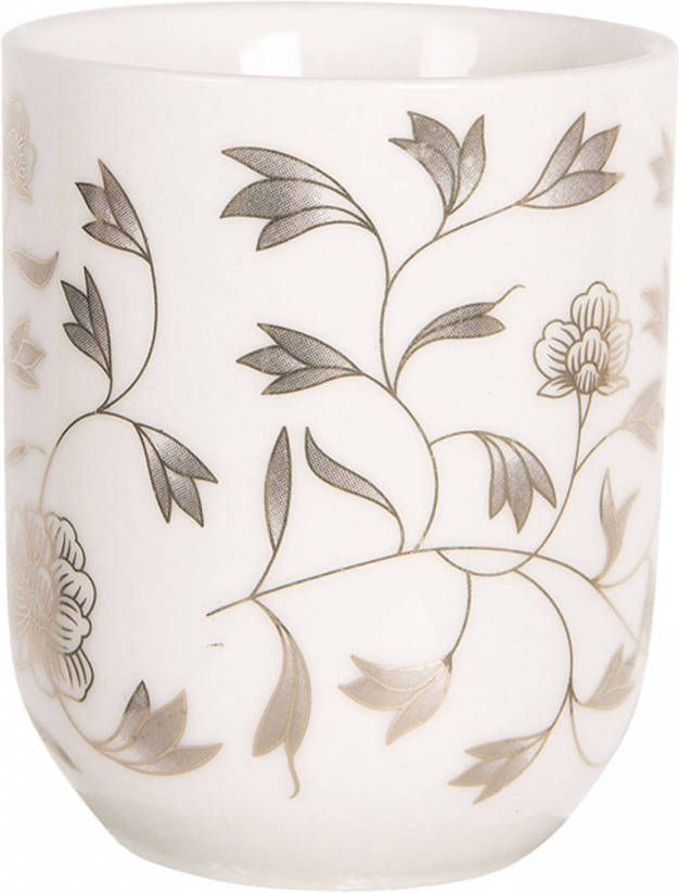 Clayre & Eef Mok 100 Ml Beige Grijs Porselein Rond Bloemen Theemok Koffiemok Beker Grijs Theemok Koffiemok