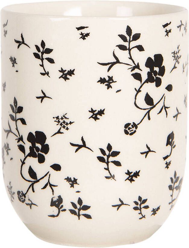 Clayre & Eef Mok 100 Ml Wit Zwart Porselein Rond Bloemen Theemok Koffiemok Beker Wit Theemok Koffiemok
