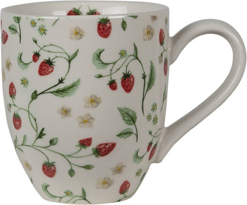 Clayre & Eef Mok 200 Ml Beige Rood Keramiek Rond Aardbeien Theemok Koffiemok Beker Beige Theemok Koffiemok