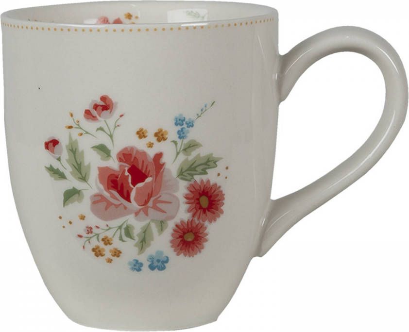 Clayre & Eef Mok 200 Ml Beige Roze Keramiek Rond Rozen Theemok Koffiemok Beker Beige Theemok Koffiemok