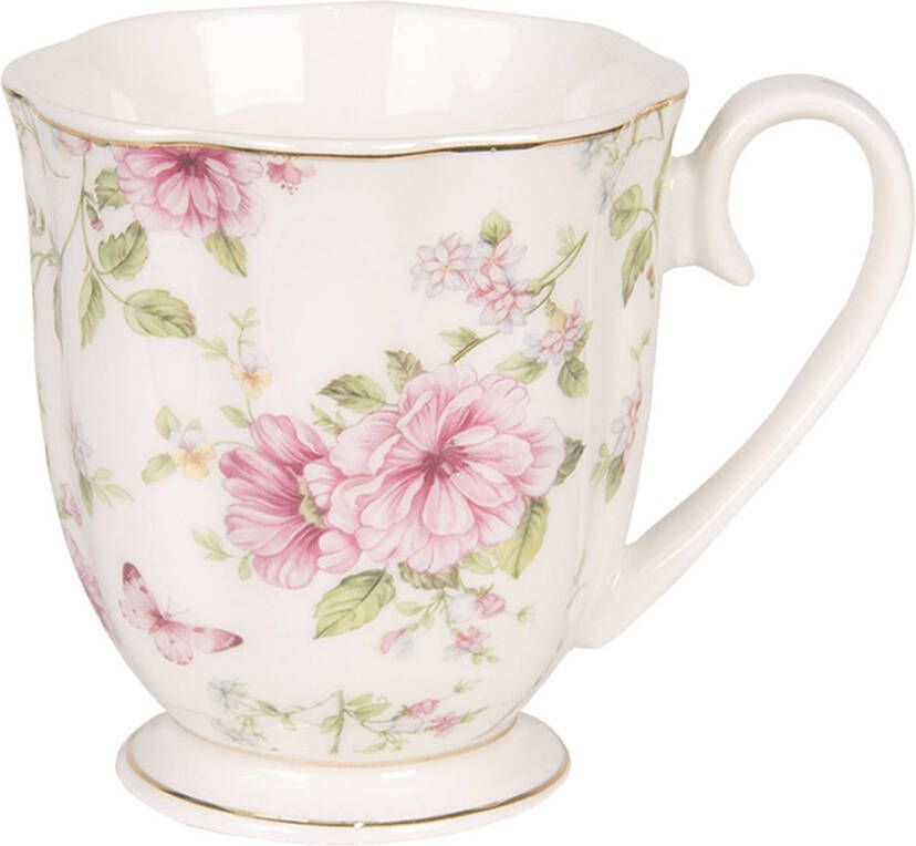 Clayre & Eef Mok 200 Ml Beige Roze Porselein Rond Bloemen Theemok Koffiemok Beker Beige Theemok Koffiemok