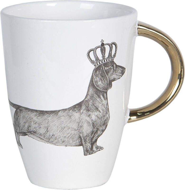 Clayre & Eef Mok 200 Ml Wit Keramiek Rond Hond Theemok Koffiemok Beker Wit Theemok Koffiemok