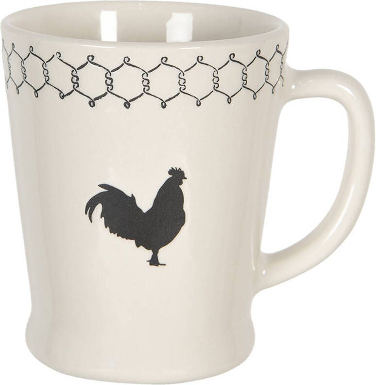 Clayre & Eef Mok 300 Ml Beige Zwart Keramiek Kip Theemok Koffiemok Beker Beige Theemok Koffiemok