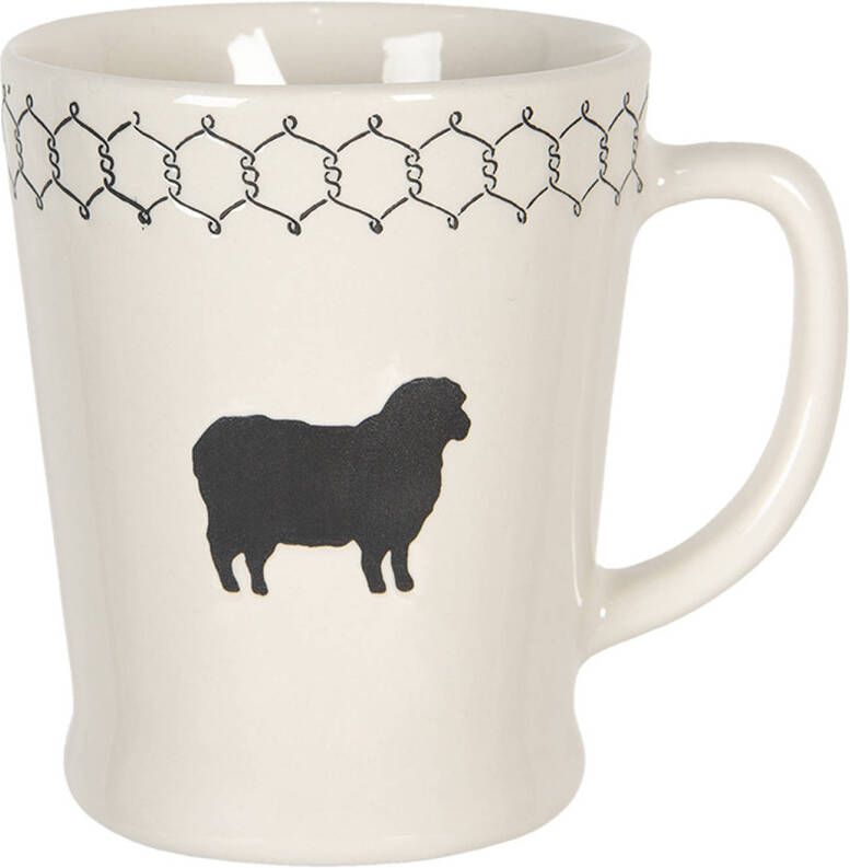 Clayre & Eef Mok 300 Ml Beige Zwart Keramiek Rond Schaap Theemok Koffiemok Beker Beige Theemok Koffiemok