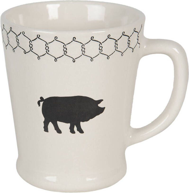 Clayre & Eef Mok 300 Ml Beige Zwart Keramiek Rond Varken Theemok Koffiemok Beker Beige Theemok Koffiemok