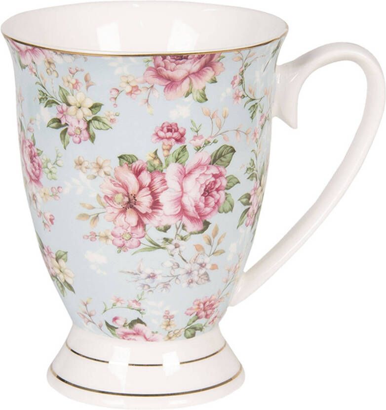 Clayre & Eef Mok 300 Ml Blauw Roze Porselein Rond Bloemen Theemok Koffiemok Beker Blauw Theemok Koffiemok
