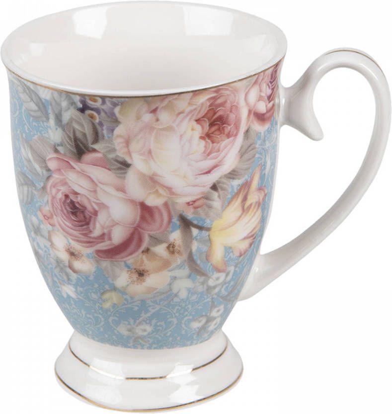 Clayre & Eef Mok 300 Ml Blauw Wit Porselein Bloemen Theemok Koffiemok Beker Blauw Theemok Koffiemok