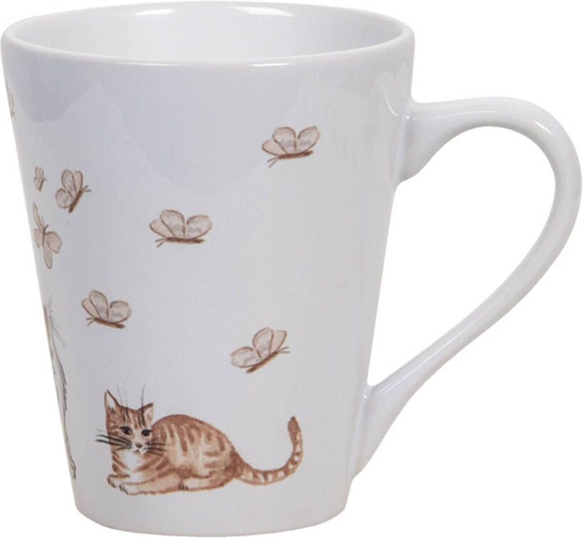 Clayre & Eef Mok 300 Ml Wit Bruin Keramiek Kat Theemok Koffiemok Beker Wit Theemok Koffiemok