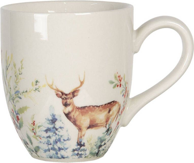 Clayre & Eef Mok 300 Ml Wit Keramiek Rond Hert Theemok Koffiemok Beker Wit Theemok Koffiemok