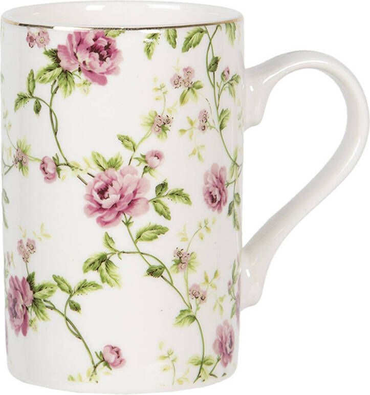 Clayre & Eef Mok 300 Ml Wit Roze Porselein Rond Bloemen Theemok Koffiemok Beker Wit Theemok Koffiemok