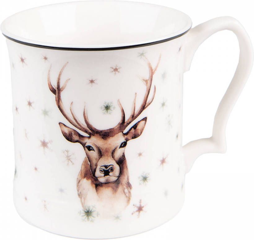 Clayre & Eef Mok 414 Ml Wit Bruin Porselein Rendier Theemok Koffiemok Beker Wit Theemok Koffiemok