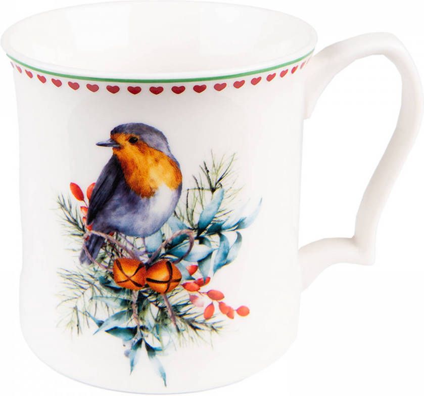Clayre & Eef Mok 414 Ml Wit Porselein Vogel Theemok Koffiemok Beker Wit Theemok Koffiemok