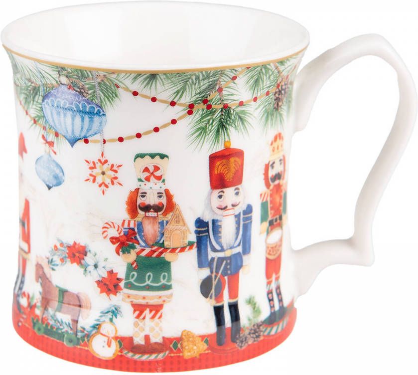 Clayre & Eef Mok 414 Ml Wit Rood Porselein Notenkraker Theemok Koffiemok Beker Wit Theemok Koffiemok