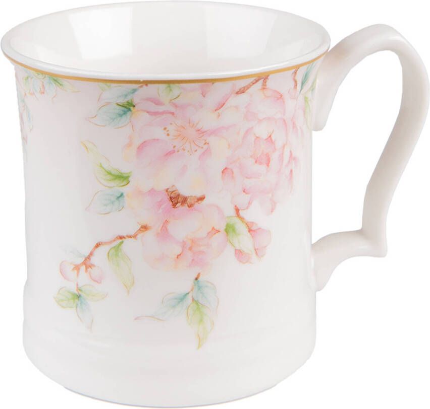Clayre & Eef Mok 414 Ml Wit Roze Porselein Bloemen Theemok Koffiemok Beker Wit Theemok Koffiemok