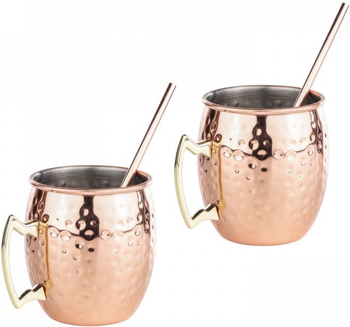 Shoppartners Set Van 4x Cocktailbekers/cocktailglazen Moscow Mule 500 Ml Met Drinkrietjes Cocktailglazen