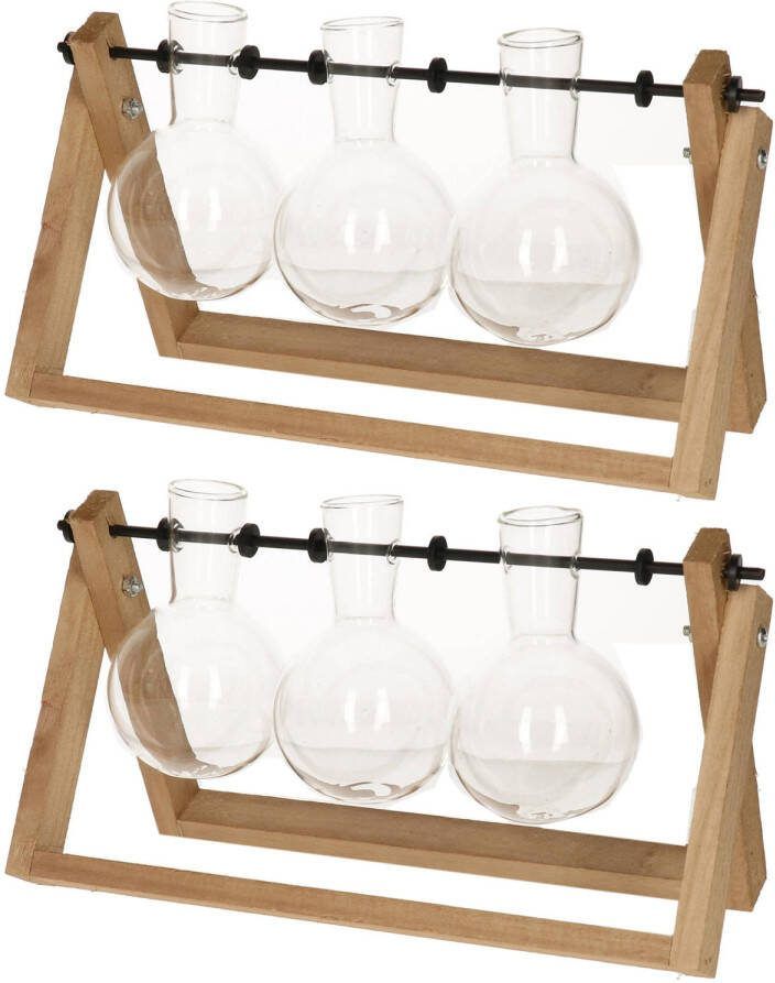 Esschert Design 2x Stuks Stekset Van Hout 25 X 14 Cm Met 3 Glazen Vaasjes 11 X 6 Cm Vazen
