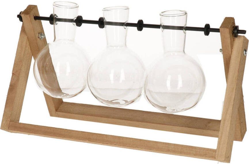 Esschert Design Stekset Van Hout 25 X 14 Cm Met 3 Glazen Vaasjes 11 X 6 Cm Vazen