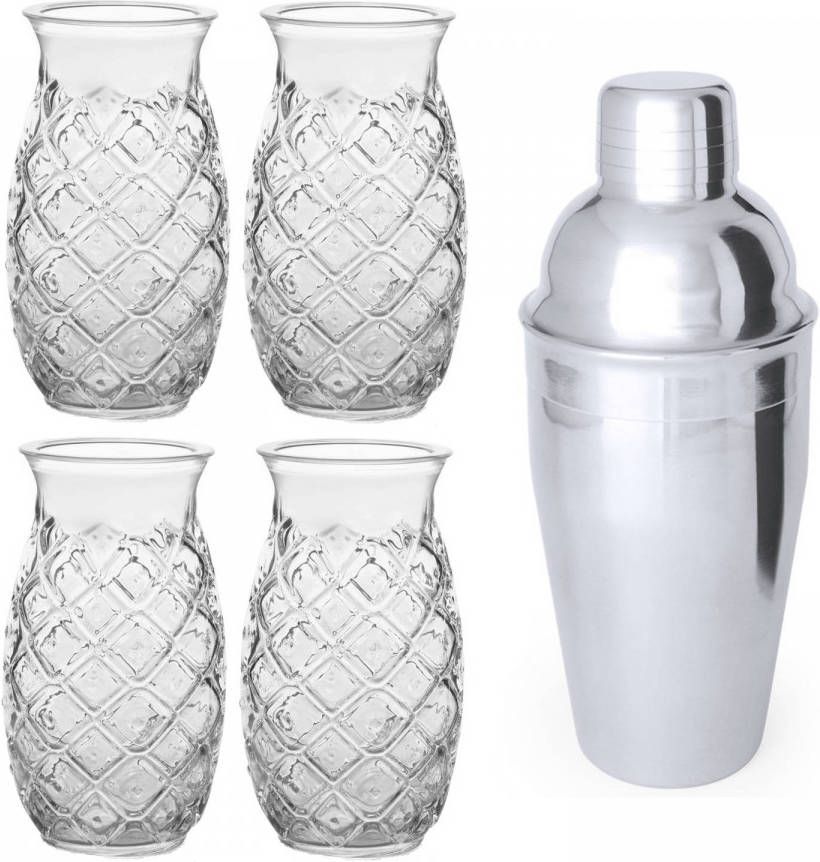 Merkloos 4x Cocktailglazen/Pina Colada Glazen Transparant 500 Ml + Cocktailshaker Semi matte 550 Ml Rvs Cocktailglazen