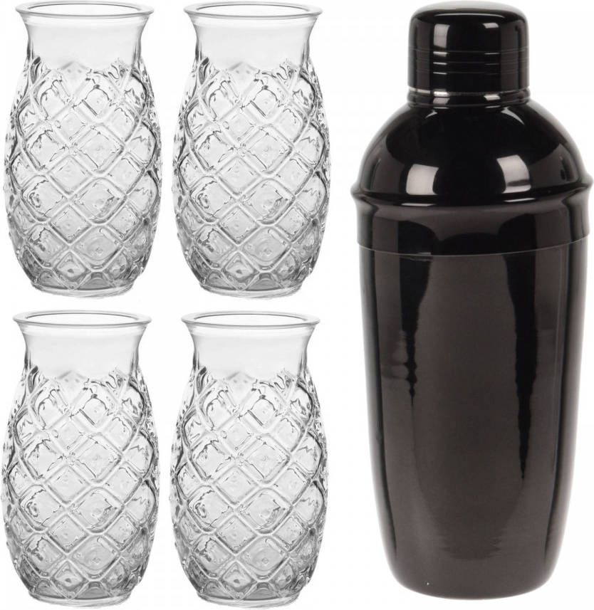 Merkloos 4x Cocktailglazen/Pina Colada Glazen Transparant 500 Ml + Cocktailshaker Zwart 500 Ml Rvs Cocktailglazen
