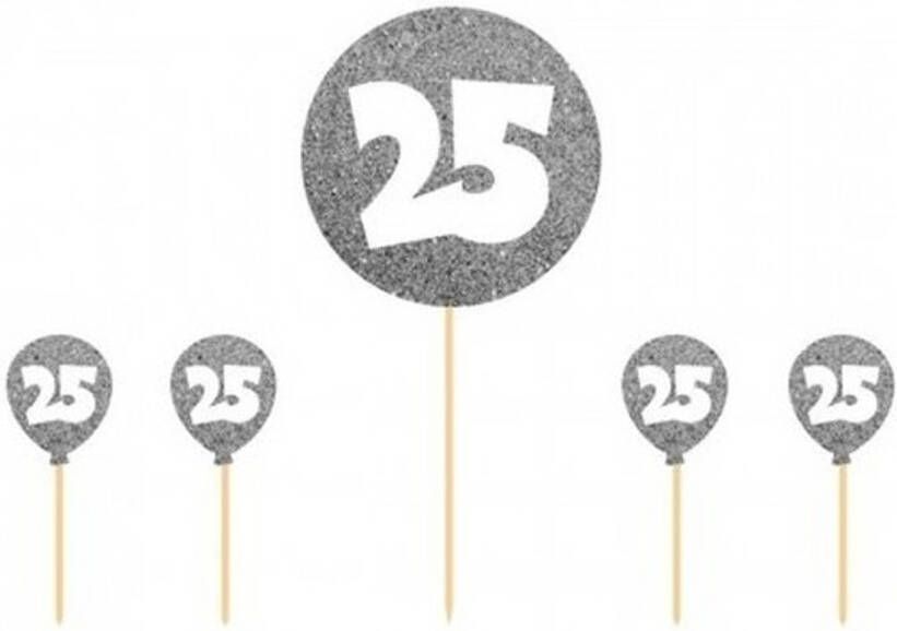 Merkloos 5x Taart Topper 25 Jaar Thema Versiering Zilver Cocktailprikkers