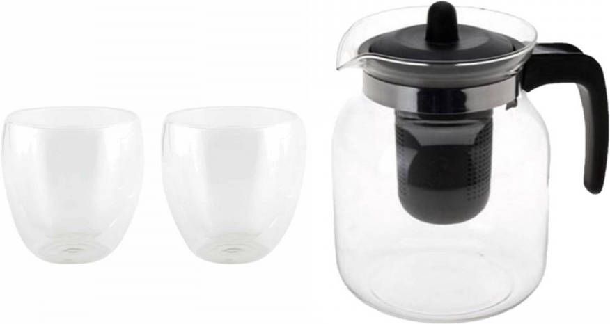 Merkloos Glazen Theepot Zwart Met Filter Van 1, 5 Liter Met 2x Stuks Dubbelwandige Theeglazen Van 200 Ml Theepotten