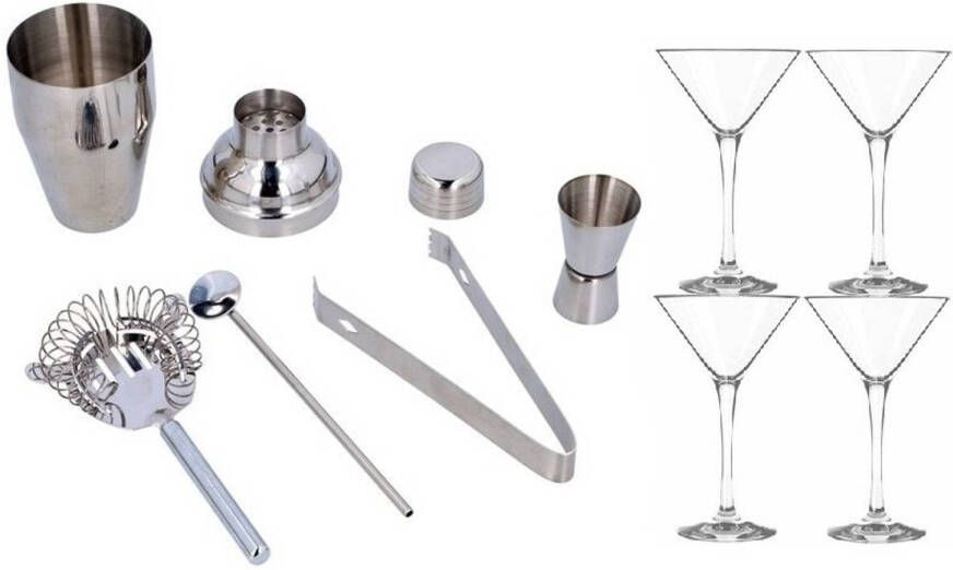 Merkloos Rvs Luxe Cocktailshaker Set Met 4x Cocktailglazen Cocktailshakers
