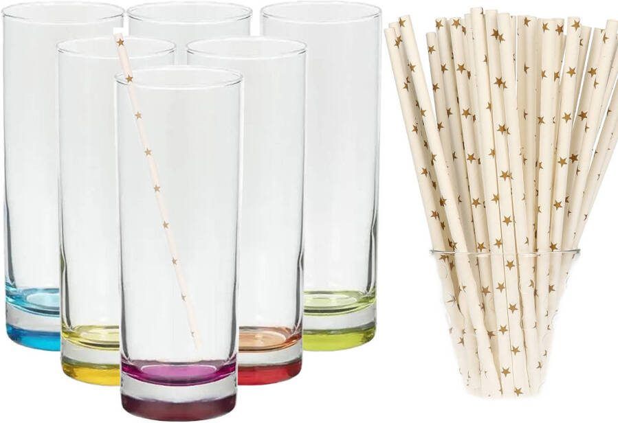 Merkloos Set Van 6x Longdrinkglazen En 100x Duurzame Rietjes Papier 310 Ml Longdrinkglazen