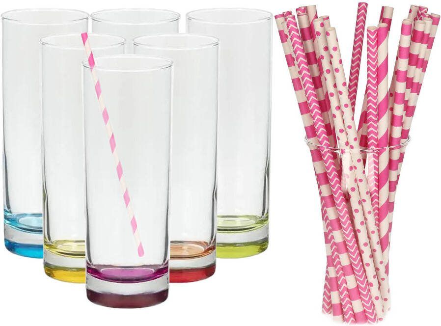 Merkloos Set Van 6x Longdrinkglazen En 100x Papieren Rietjes 310 Ml Longdrinkglazen