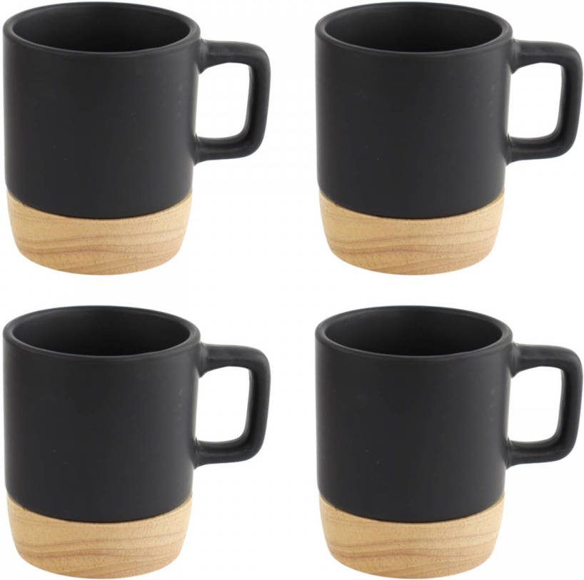 Orange85 Espresso Kopjes Zwart Set Van 4 Met Bamboe Onderzetter Met Oor Koffiekopjes
