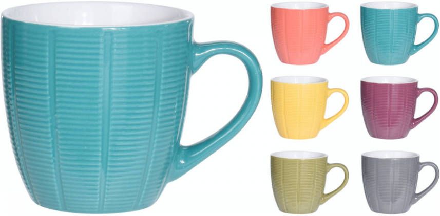 Orange85 Koffiekopjes Gekleurd Set Van 6 Koffiemokken Streep 200 Ml Reliëf Aardewerk Met Oor Theemokken