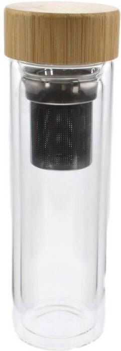 Orange85 Thermofles Met Filter 400ml Theebeker To Go Drinkfles Met Waterfilter Dubbelwandig Transparant Glas Bamboe