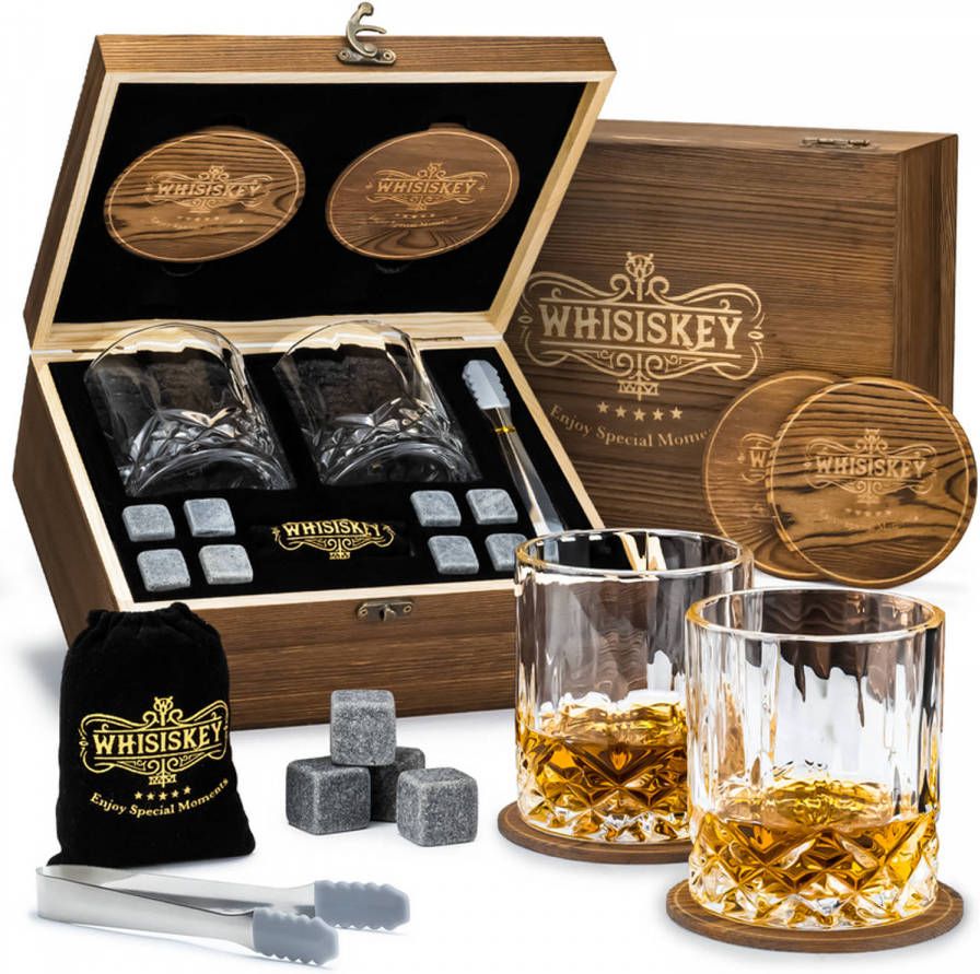 Whisiskey Luxe Whiskey Set Incl. 2 Whiskey Glazen, 8 Whiskey Stones, 2 Onderzetters, Fluwelen Opbergzak, Opbergbox