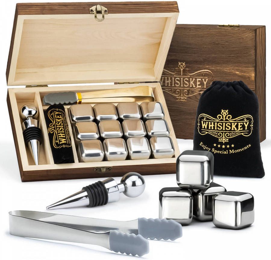 Whisiskey Luxe Whiskey Stones Set Rvs 12 Stuks Rvs Whiskey Stenen Voor Glazen Incl. 4 Accessoires