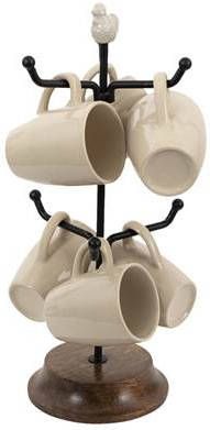 Clayre & Eef Mokkenrek Met Mokken Kip Ø 14x39 Cm Beige Keramiek Mokkenboom Mokkenhouder Mokken Rek Beige Mokkenboom