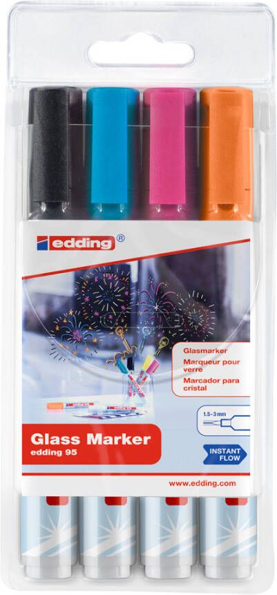 Edding Benelux B.V. Edding glasmarkers set van 4 Zwart, blauw, roze en oranje
