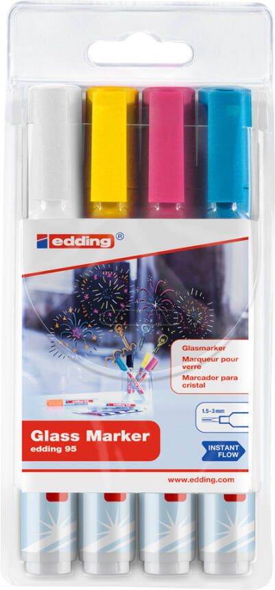 Edding glasmarkers set van 4 Wit, geel, roze en blauw