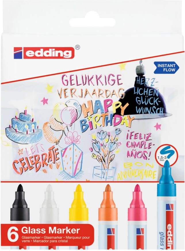 Edding glasmarkers set van 6 Zwart, wit, geel, oranje, roze en blauw