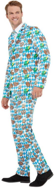 Feestbazaar Oktoberfest Suit Blauw Man Bierpullen Pretzel