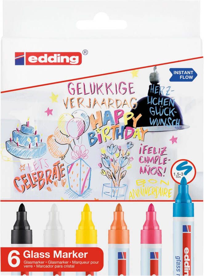 Edding e 95 glasmarker, set van 6 geassorteerde kleuren